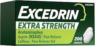 - Excedrin Extra Strength Pain Relief Caplets for Headache Relief, Acetaminophen 250mg, Aspirin 250mg, Caffeine 65mg, Pain Reliever, 200 Count