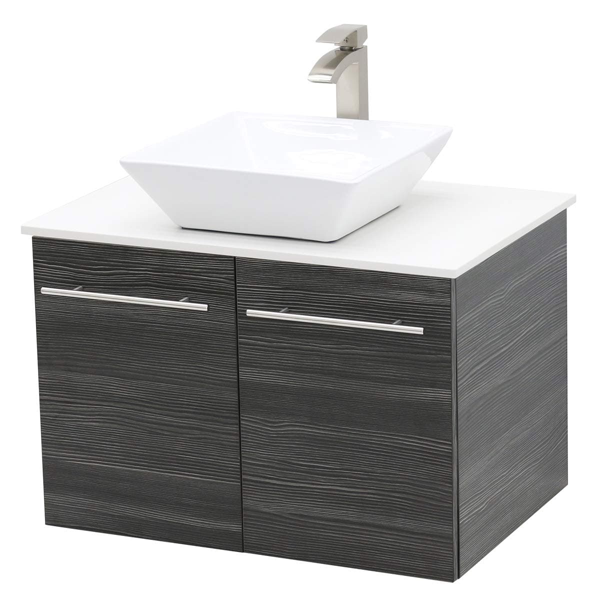 Wall Mount Floating Bathroom Vanity Sink Set. Dark Grey Vanity, White Flat Stone Countertop Ceramic Sink - 30"
