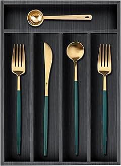 Small Kitchen Utensils Drawer Organizers Black Wooden Cutlery Tray Flatware Silverware Organizer Divider Storage Narrow Wood Silverware Utensil Tray Bamboo Cutlery Fork Spoon Holder for Drawer