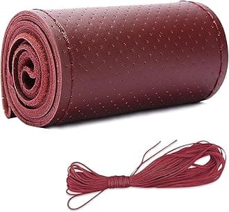 Leather Steering Wheel Cover, DIY Sewing with Needle & Thread, Breathable Anti-Slip Car Steering Wheel Protector, Universal 15 Inch Auto Steering Wheel Stitch on Wrap (Burgundy, Full Hole)
