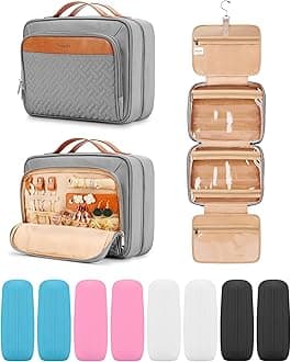 Travel Hanging Toiletry Bag for Women and Men, with 8 Leak Proofing Silicone Bottle Covers, Waterproof Makeup Accessories, Cosmetic Essentials, Cruise Ship Toiletries Bag with Jewelry Organizer, Pink