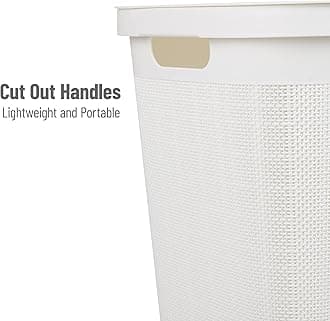 Mind Reader 60L Slim Laundry Hamper, Clothes Basket, Lid, Linen Design, Plastic, 18.25”L x 14.25”W x 23.5”H, White