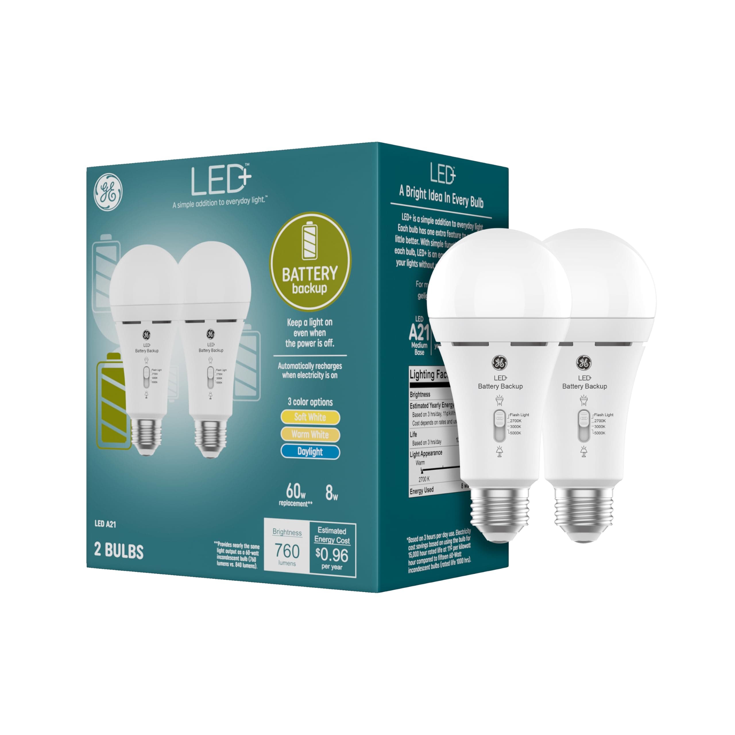 GE LED+ Backup Battery LED Light Bulbs, A21 Rechargeable Light Bulbs for Power Outages and Emergencies, Flashlight, 3 Color Temperatures (2 Pack)