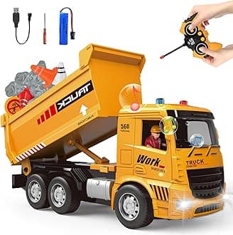 Race Remote Control Dump Truck - RC Construction Vehicles with LED Lights and Simulation Sound Rechargable Hydraulic Car for 6 7 8 9 Year Old Boys, Educational Toys Birthday Gifts for Kids