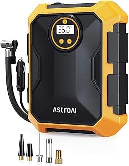 AstroAI Air Compressor Car Air Pump Automotive DC 12V 100PSI with LED Light Automatic Power Off Real-Time Screen Compatible with American/French-Style Bulbs Suitable for Bicycles/Cars/Road Bikes/Balls
