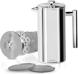 KICHLY Stainless Steel Piston Coffee Maker - Espresso and Tea Maker with Triple Filters - Heat Resistant Glass with Steel Plunger - Portable Coffee Maker - 20Oz (0.6 Liter) - Silver
