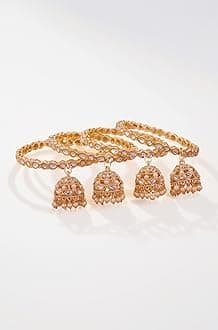 Traditional Gold-Plated Kundan Bangles with Pearl Jhumka, Set of 4