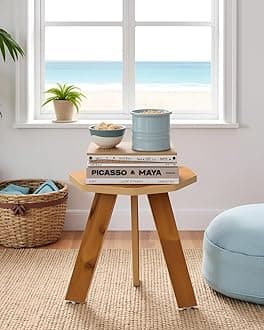 SBF Furniture Wood Mini Hexagonal Side Table, 30 cm, Matte Finish, Modern Minimalist Design, 3 Angled Legs (Oach Yellow)