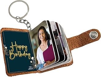 customizable Leather Keychain & Photo Book - Holds 12-24 Pictures -for Birthdays, Anniversaries & Special Moments - Ideal Gift for Couples & Families, Brown
