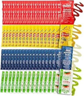 Chronos Condiment 200 assortment gift pack - 50 Single Serve Pouches of Each: Ketchup, Mustard, Relish and Mayo - 200 Pack, Great for Picnics, Boxed Lunch, BBQ, Travel, and Parties
