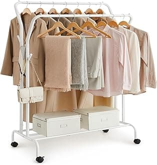 SONGMICS Clothes Rack, Double-Rod Clothing Rack for Hanging Clothes with Wheels, Garment Rack, Metal Frame, 220 lb Max. Total Load, 40.7 Inches Wide, Clothes Storage and Display, White UHSR107W01