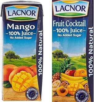 LACNOR Essentials Mango 100% Juice, No Added Sugar, 180 Ml Pack Of 8 & LACNOR Essentails Fruit Cocktail 100% Juice, No Added Sugar, No Preservative, 180ML Pack of 8