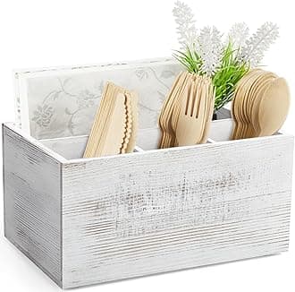DRASTAR Silverware Caddy, Wooden Utensil Organizer, Picnic Cutlery Holder,Retro White Silverware Caddy for Party, Countertop, Camping