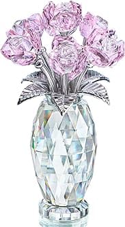 H&D HYALINE & DORA Pink Crystal Rose Flower Figurine,Glass Rose Flowers Gifts for Women,Crystal Rose Flower Collectible for Christmas Wedding Decor