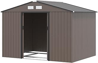 Outsunny 9 x 6ft Metal Garden Shed, Waterproof Outdoor Bike Storage Shed Galvanised with Vents, Foundation Kit, Apex Roof and Lockable Double Doors for Patio Lawn, Brown