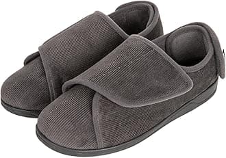 Men's Corduroy Slippers Comfy Adjustable Hook and Loop Memory Foam Wide Indoor House Shoes for Diabetic Swollen Feet