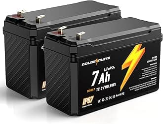 GOLDENMATE 12V 7Ah Lithium LiFePO4 Deep Cycle Battery(2 packs), 5000+ Cycles, IP67 Waterproof 12V Lithium Battery, Built-in BMS, Perfect for Lighting, Power Wheels, Fish Finder, Ride on Toys