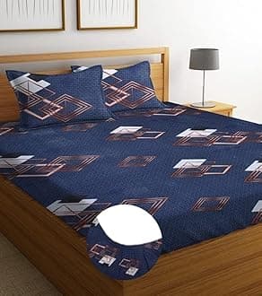 Premium Cotton Elastic Fitted Bedsheets with 2 King Size Pillow Covers | Double Bed with All Around Elastic 180 TC Supersoft | (72"x78",Blue & Brown)