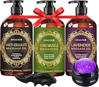 Mothers Day Gifts for Wife,Massage Oil for Massage Therapy,3 Pack Cellulite Massage Oil,Sore Muscle Arnica Oil & Lavender Massage Body Oil with Massage Ball & Thumb Saver Tool,Fathers Day Gift