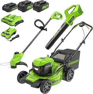 - 48V (2x24V) Electric Lawn Mower Combo Kit: 20"Steel Deck Push Mower, 12" String Trimmer, 320 CFM Blower, 3 Batteries & 2 Chargers, 3-Year Warranty.