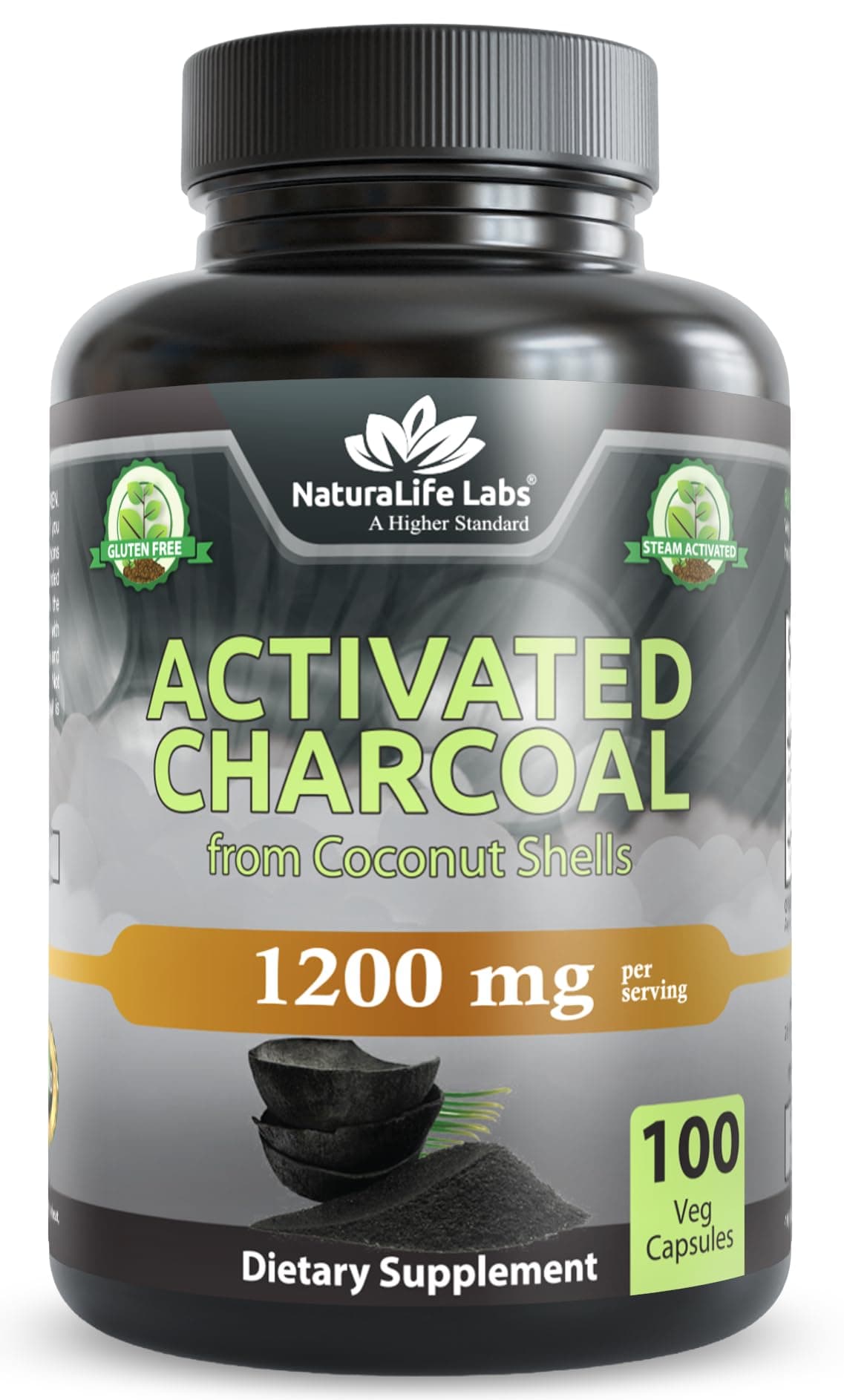 NaturaLife Labs Activated Charcoal 1200 mg per Serving – from Coconut Shells – 100 Veg Capsules – Non-GMO, Gluten-Free, Vegan