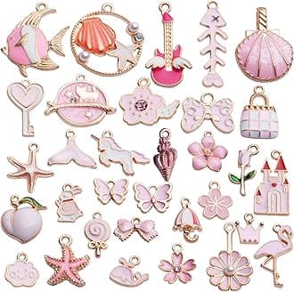 Street27® 1 Set 31pcs DIY Mixed Assorted Gold Plated Enamel Charm Unicorn Flower Dress Fish Shell Moon Star Animals Pendant DIY for Necklace Bracelet Jewelry Making and Crafting Charms, 0.32" - 1.06"