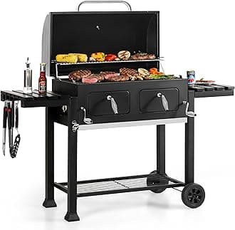 - Extra Large Charcoal BBQ Grills with 794 SQ.IN. Cooking Area, Heavy Duty Outdoor Barbecue Grill with 2 Individual Lifting Charcoal Tray and 2 Foldable Side Table, Black