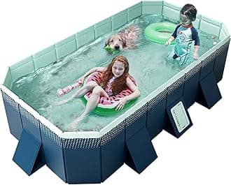 Foldable Non-Inflatable Kids' and Adults' Outdoor Swimming Pool - Hard Plastic Shell, Kid Pool for Backyard Dog Pools (113" x 66" x 20")