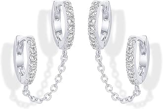 14K Gold Chain Earrings for Women | Double Piercing Dangle Chain Huggie Hoop Earrings | Cubic Zirconia Pearl Stud Ear Cuff Earrings for Women