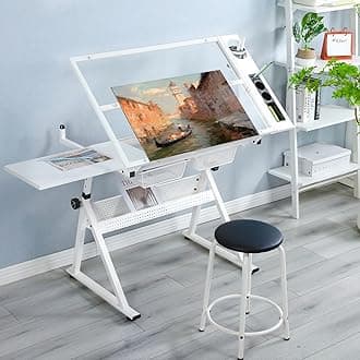 LIFE SKY Adjustable Glass Drafting Table - Height Adjustable Temped Glass Artists Drawing Table with Storage - Art Craft Desk Workstation for Adults