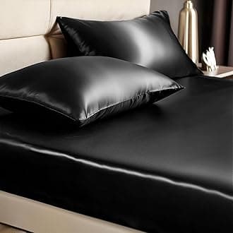 BEDELITE Fitted Sheet King Size Set, Luxury Soft Black Silky Sheet for Hair and Skin, Similar to Silk Bed Sheet Set with 1 Deep Pocket Fitted Sheet and 2 Pillowcases