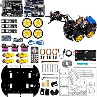 LAFVIN Mechanical 4WD Robot Arm Smart Car Kit - STEM/Graphical Programming Robot Car Compatible with Arduino IDE - Tutorial Included