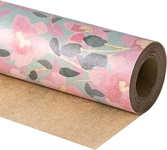 RUSPEPA Floral Wrapping Paper Roll for Women, Mini Roll, Pink Flower with Foliage Kraft Paper, Gray Vintage Gift Wrap for Birthday, Wedding, Anniversary and Mother's Day, 17 Inches x 32.8 Feet