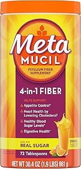 4-in-1 Psyllium Husk Fiber Supplement, Real Sugar, 72 tablespoons, Orange Flavored, Daily Fiber Powder for Digestive Health, made with Plant-Based Psyllium Husk Fiber