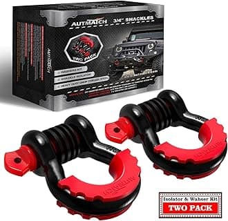 AUTMATCH D Ring Shackle 3/4" Shackles (2 Pack) 41,887Ibs Break Strength, Clevis Shackle with 7/8" Screw Pin and Shackle Isolator Washers Kit for Tow Strap Winch Off Road Vehicle Recovery, Black & Red
