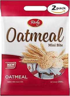 Richy Oatmeal Mini Bites Cakes Oatmeal Cheese Mini Bites Oatmeal Chocolate Mini Bites nutritious whole grain snack with high fiber for digestive Korean snack Vietnamese snack health low sugar low fat perfect for dieters convenient and portable snack for office travel and fitness (2 Pack-Oatmeal Mini Bites-250g)