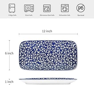 Selamica Ceramic Serving Platters, 12 Inch Serving Trays for Party Entertaining, Large Rectangular Serving Plates for Food, Set of 6, Vintage Blue