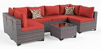 Kullavik 7 Pieces Outdoor Patio Furniture Set,Wicker Outdoor Sectional Sofa,All-Weather Patio Conversation Sets with Washable Thick Cushions & Coffee Table for Garden,Backyard,Balcony,Porch,Red