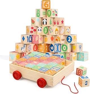 Joqutoys ABC Wooden Blocks Cart, Wooden Alphabet Blocks Set for Toddlers 1-3, 30 Pieces Stack and Build Blocks Come in a Pull Wagon, Educational Wooden Toy for Boys Girls Gifts 1.65"