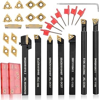Indexable Lathe Turning Tool 21Pcs Kit 3/8'' 10mm Shank 7Pcs Metal Lathe Tools Holder Set with 14Pcs Turning Inserts for Turning Grooving Threading Boring Carbide Inserts Carbide Turning Tool