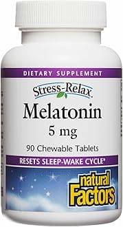 Stress-Relax Melatonin 5 mg by Natural Factors, Natural Sleep Aid, Resets the Sleep-Wake Cycle, 90 chewable tablets (90 servings), Peppermint Flavor