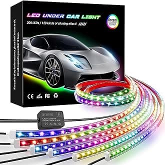 KORJO Car Underglow Lights, 6 Pcs Bluetooth Led Strip Lights with Dream Color Chasing, APP Control 12V 300 LEDs Underbody Lights, Waterproof Underglow Led Light Kit for Cars, Trucks, Boats
