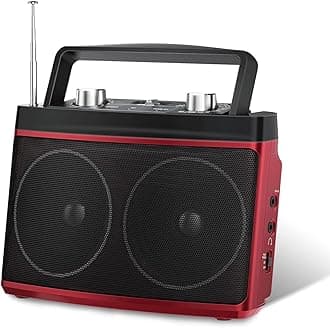 Portable Radio AM FM, Small Stereo Radio with Dual Speaker,Bluetooth 5.0, Battery Operated or Plug in Wall, Headphone Jack, Aux in,Suitable for Home, Office, Outdoor Red
