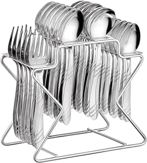 Parage Miracle Stainless Steel Cutlery Set of 25, Contains Master Spoons Set of 6, Table Spoon Set of 6, 6 Fork, 6 Soup Spoons, 1 Stylish Stand, Elegant Cutlery Set for Dining Table, Mirror Polished