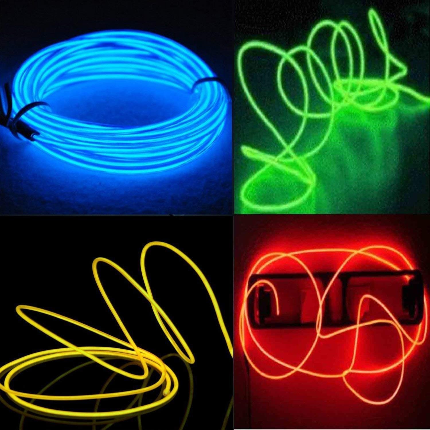 EL Wire Kit, 4-Pack 5M Neon Light Electroluminescent Wire/Mutli-Color (Blue, Green, Red, Yellow) with 3 Modes Battery Controllers for Burningman Parties, Halloween Decoration