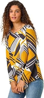 Roman OriginalsWomen Hanky Hem Tunic Ladies Top Asymmetric Hemline Blouse Double Layer Mesh Overlay Jersey Stretchy Summer Spring Flattering 3/4 Sleeve Smart Casual Work