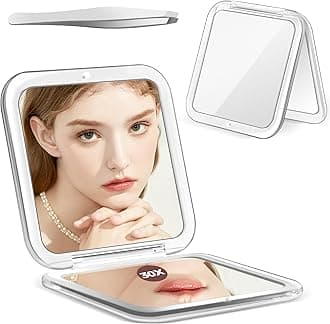 MIYADIVA Compact Mirror, 30X Magnifying Mirror, Pocket Mirror for Purse, Travel Makeup Mirror with 30X/1X Magnification, Travel Essentials Mirrors, Precision Tweezers, Present for Girls