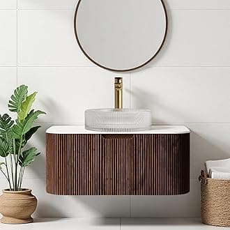 30" Floating Bathroom Vanity with Sink, Natural Solid Wood Modern Bathroom Cabinet with Ultra-Thin Round Crystal Glass Basin and Marble Top, Soft-Close Drawer, Pre-Assembled, Dark Walnut