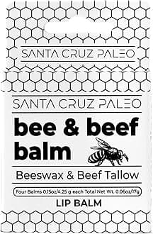 Santa Cruz Paleo Grass Fed Beef Tallow & Beeswax Lip Balm, 1 Pack, Beef Tallow for Skin Care Moisturizer, Hypoallergenic for Sensitive Skin, Long Lasting & Vitamin Rich, Unflavored