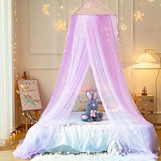 Pink Purple Bed Canopy with Warm Fairy Lights for Girls Bed Net,Princess Hanging Netting for Kids Bed Room Decor Mosquito Net for Baby Crib, Twin to King Size Bed
